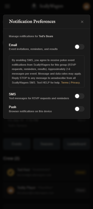 Notification preferences with SMS toggle off