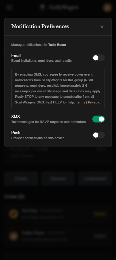 Notification preferences with SMS toggle on