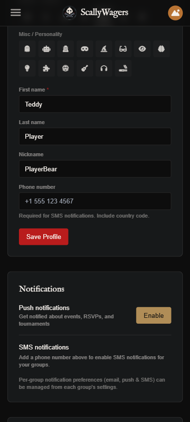 Profile settings showing optional phone number field