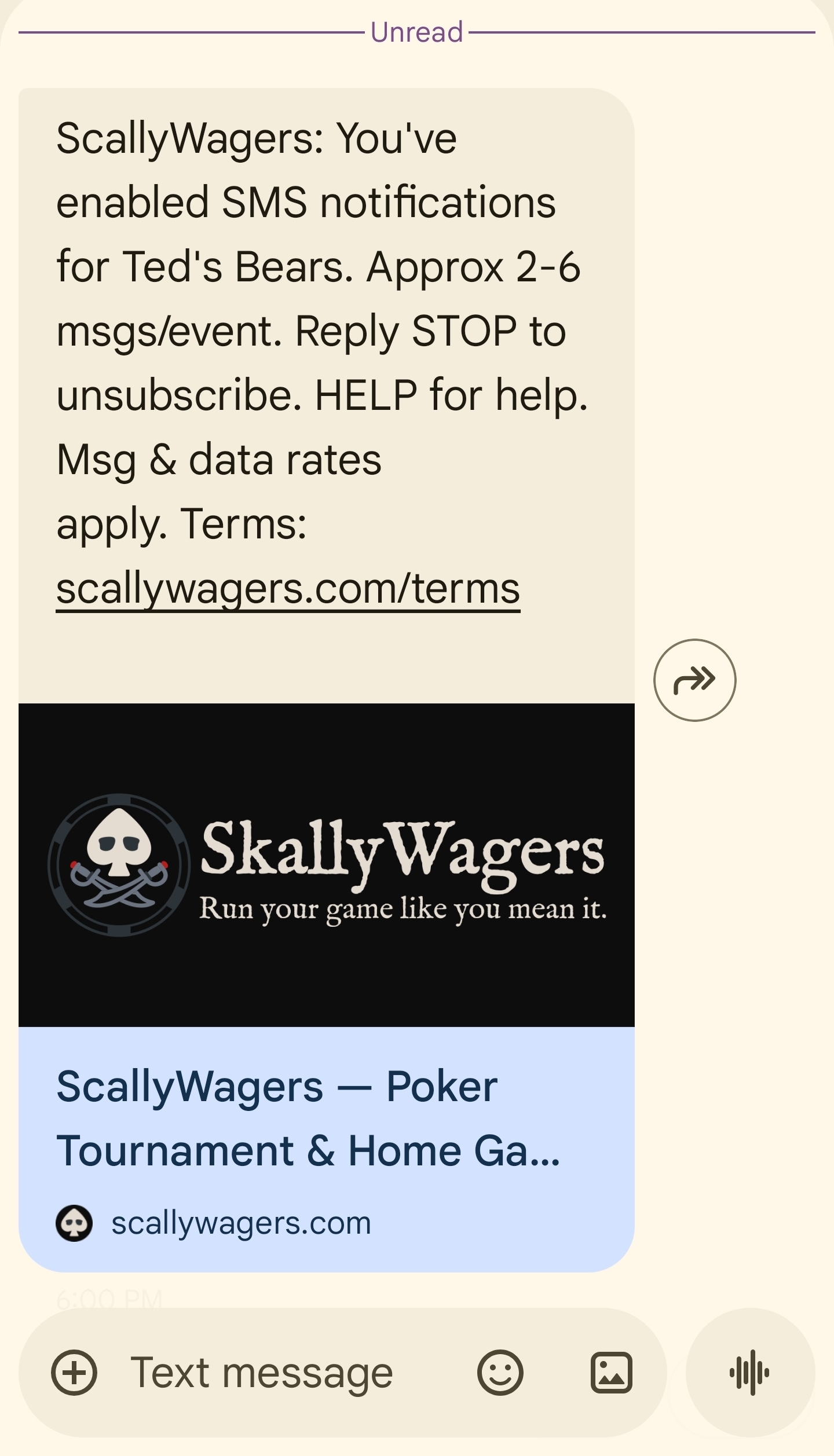 SMS opt-in confirmation message received on phone